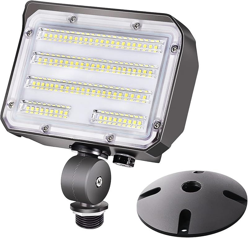 60W LED Flood Light with Knuckle, Outdoor Security Fixture Dusk-to-Dawn Photocell 5000K 7,800lm(300W Equivalent) 100-277V IP65 Waterproof with Base for Wall Mount for Entrance Garden Yard