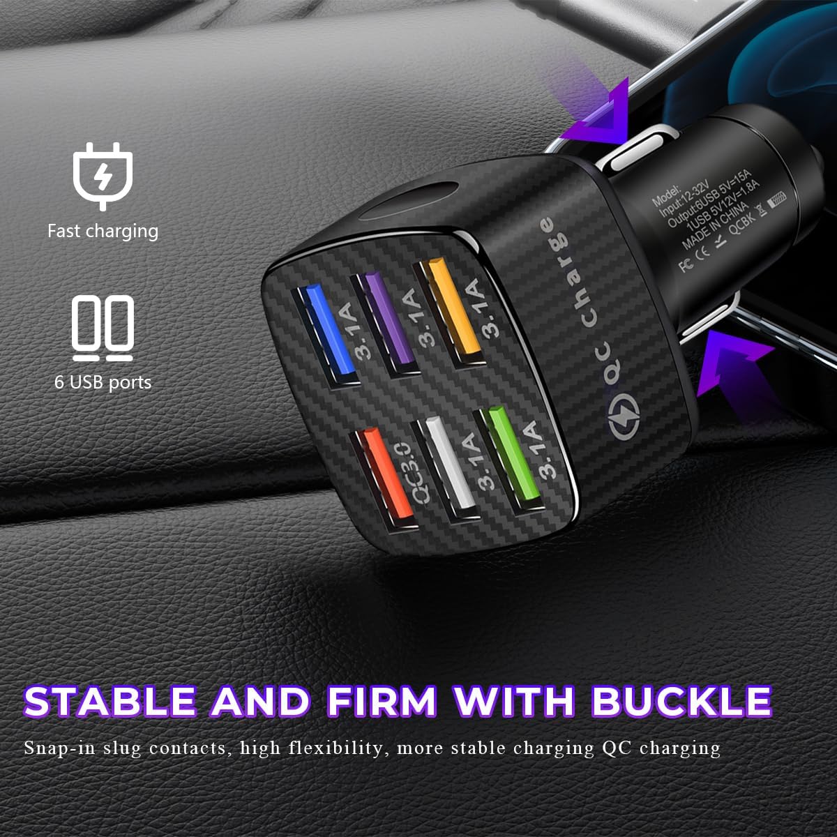 Wevdn Car Charger Adapter, 6 USB Multi Port Fast Charging Cigarette Lighter Charger Adapter, Car Fast Charger Include QC 3.0 and 5 Other Ports for Most Cell Phones, Car Accessories (Black)