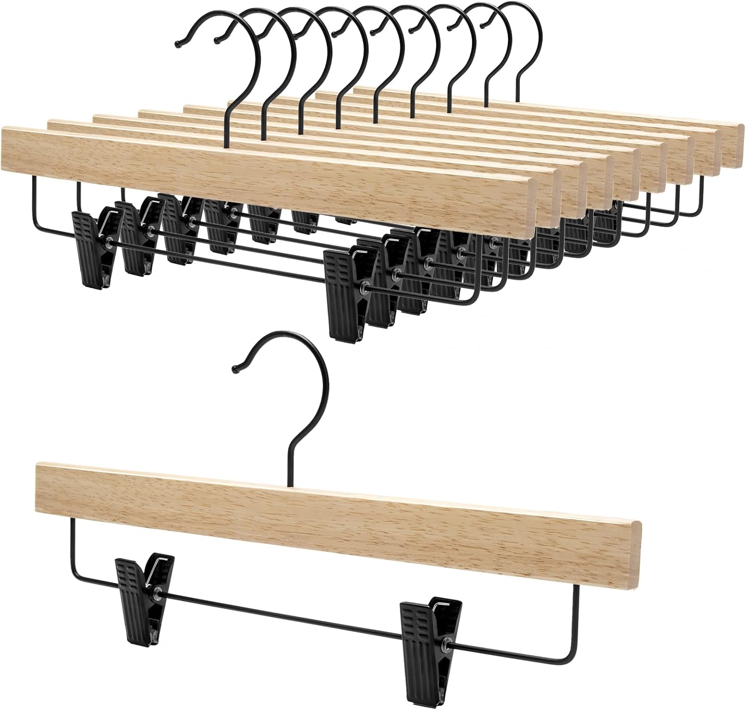 Nature Smile Deluxe Wooden Pants Hangers,Solid Rubber Wood Jeans Skirt Hanger with Blacak Hook Pack of 20(Natural Varnished)