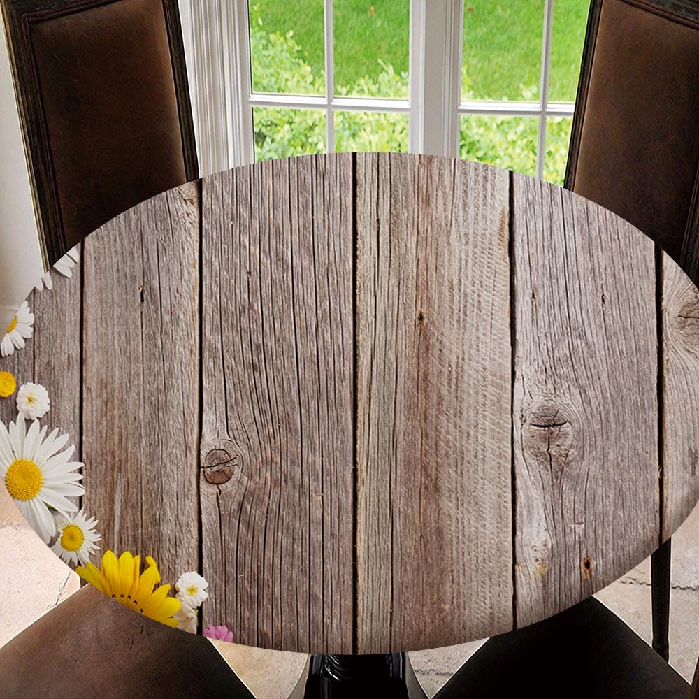 JRMRNEI Flowers Over Wood Round Tablecloth Fitted with Elastic Edged Washable Polyester Table Cover for Indoor Outdoor Party Wedding Use, Tablecloth