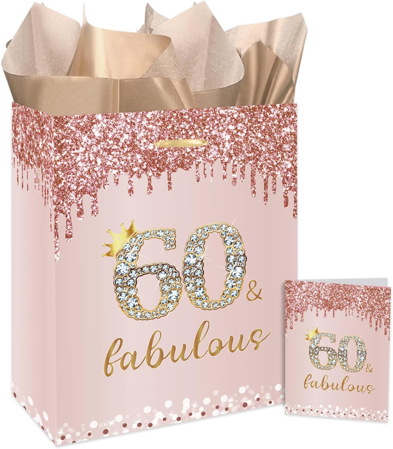 GOLDCROW Rose Gold 60th Birthday Gift Bag for Women - Large Pink With Handles, Wrapping Paper and Card for Party Decorations and Supplies