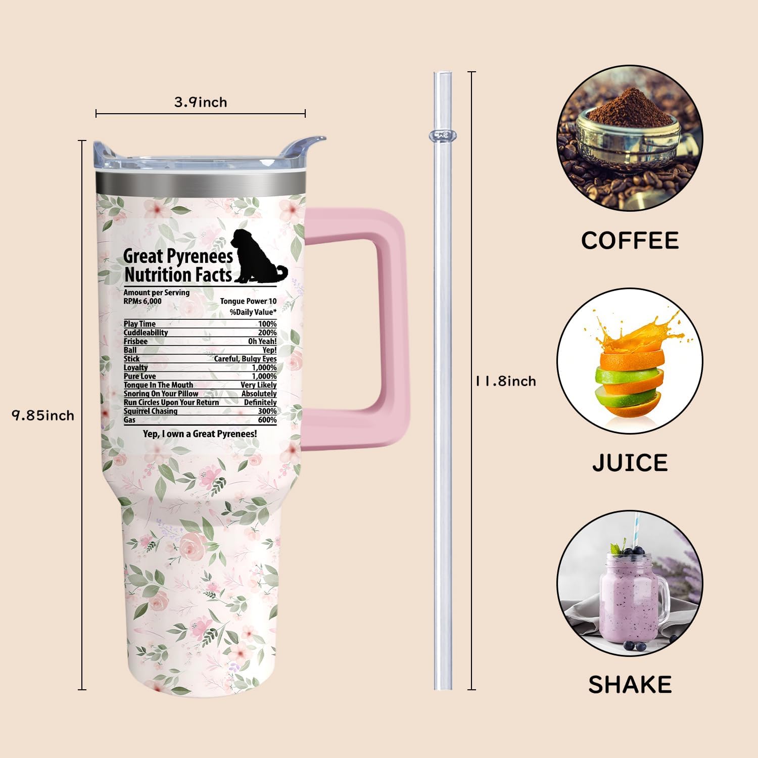 40oz Great Pyrenees Dog Tumbler with Handle and Straw, Funny Stainless Steel Insulated Cup with Lid and Straw, Travel Coffee Mug Water Bottle, Birthday Mothers Day Gifts for Women Men Animal Lovers - Image 6