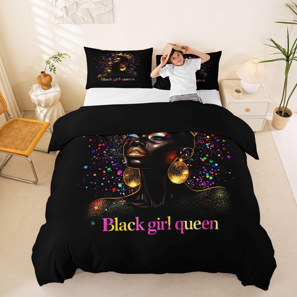 Homewish Afro King pościel brokatowa diamentowa korona zestaw poszewek na kołdrę gradient świecąca galaktyka poszewka na kołdrę luksusowa grafika zestawy łóżek