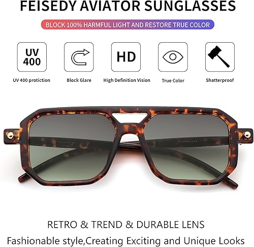 Miniatura 116 de Feisedy - B2622 - Lentes de sol estilo aviador, cuadrados, clásicos de los años 70, unisex, con montura clásica retro y elegante, UV400 Marco