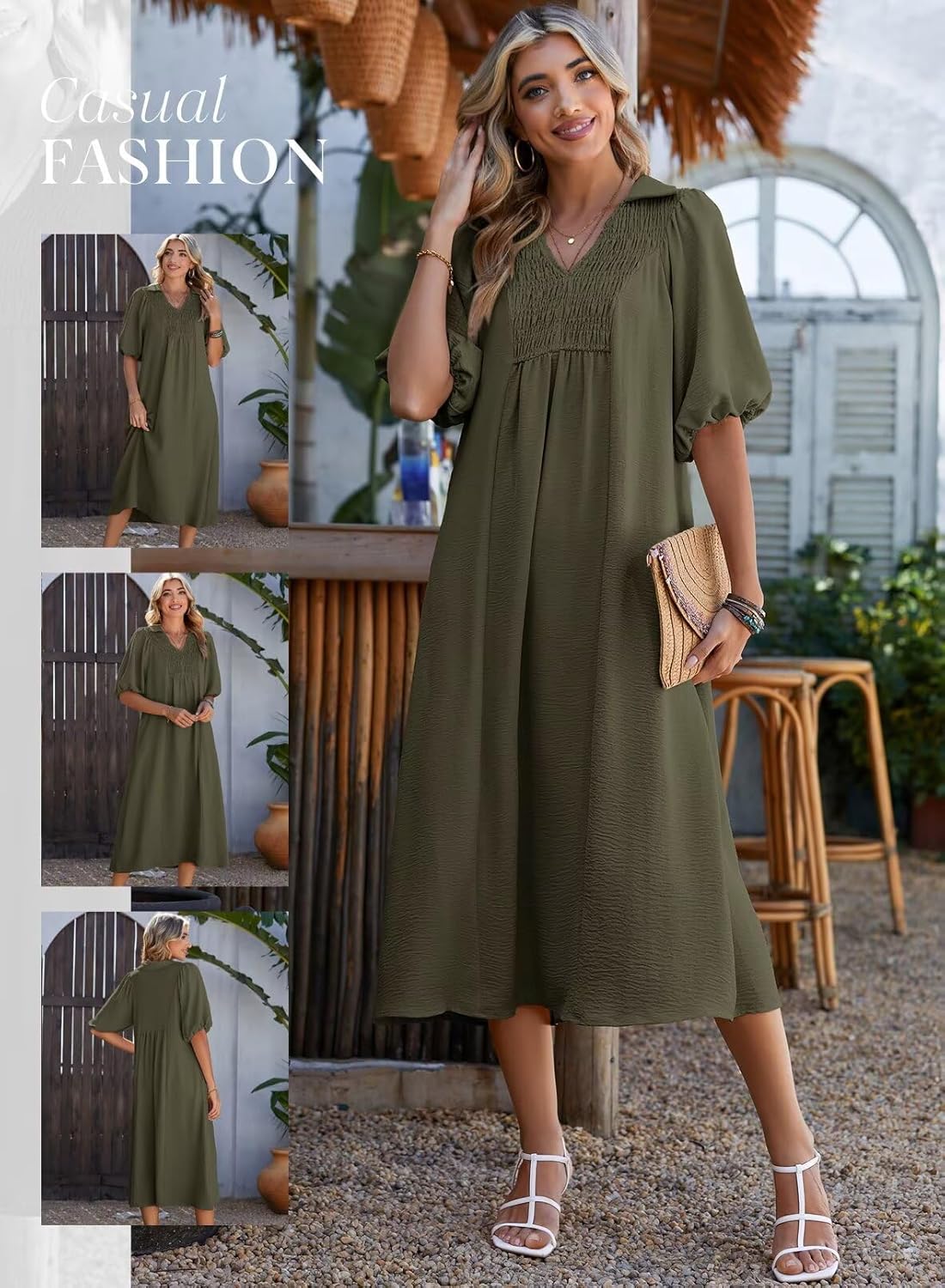 Dokotoo Summer Dresses for Women 2026 Casual Dresses V Neck Puff Sleeve Empire Waist A-Line Maxi Dress - Image 4