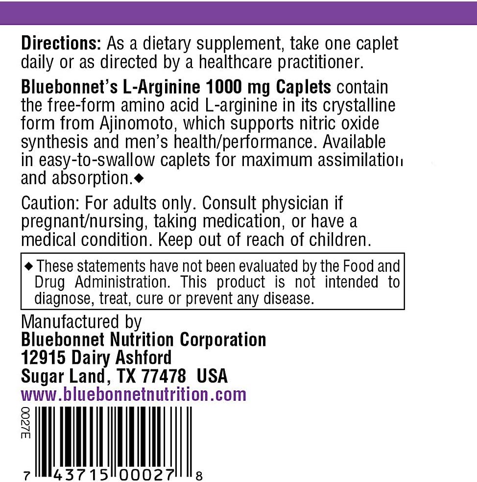 Bluebonnet LArginine 1000 Mg Vitamin Capsules, 100 Count : Health & Household