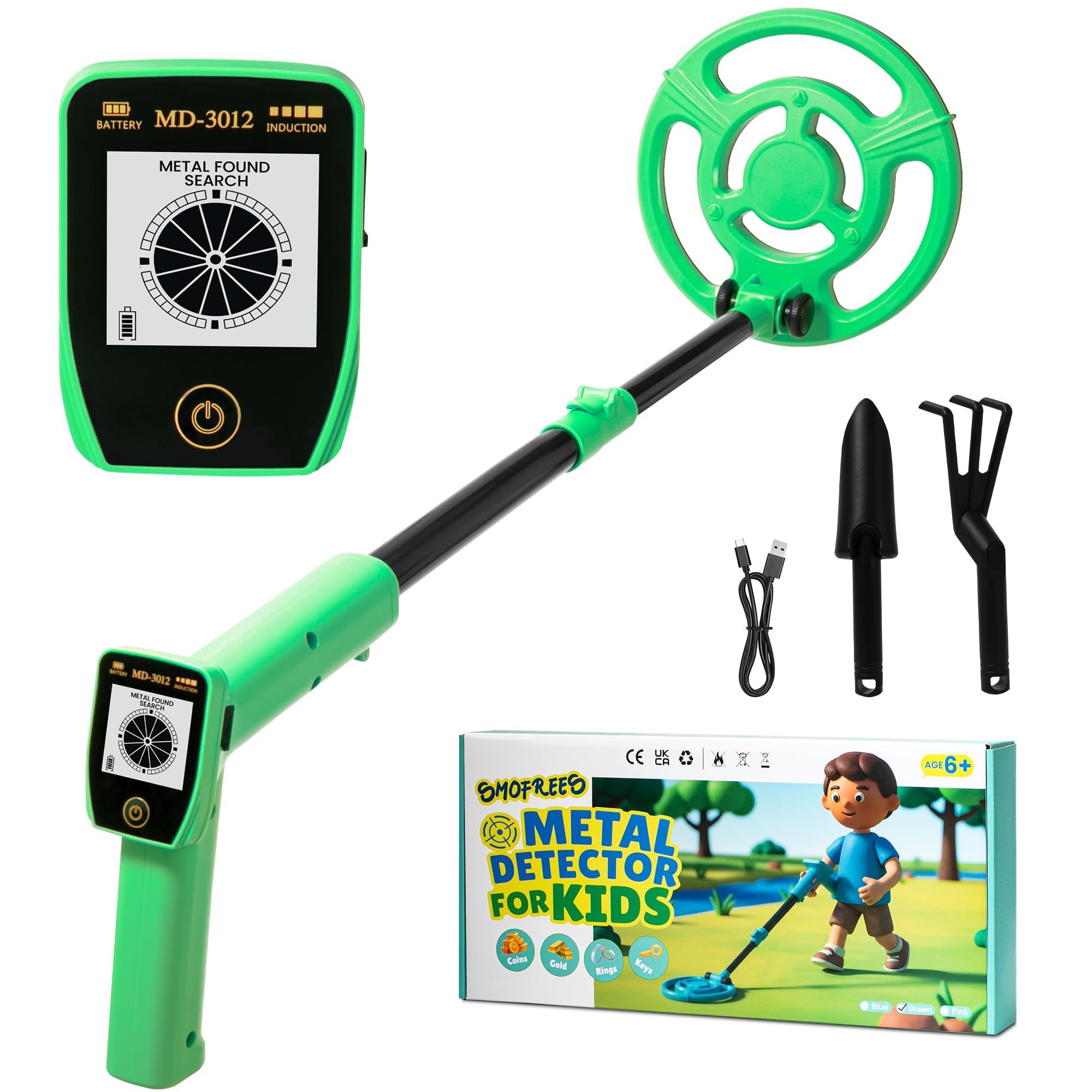 Smofrees Metal Detector Kids, Usb Rechargeable Kids Metal Detector with Simple Display, 24"-34" Adjustable Metal Detectors for Children, 7.36" Plus Search Coil, Outdoor Toys for Kids 8-12, Green