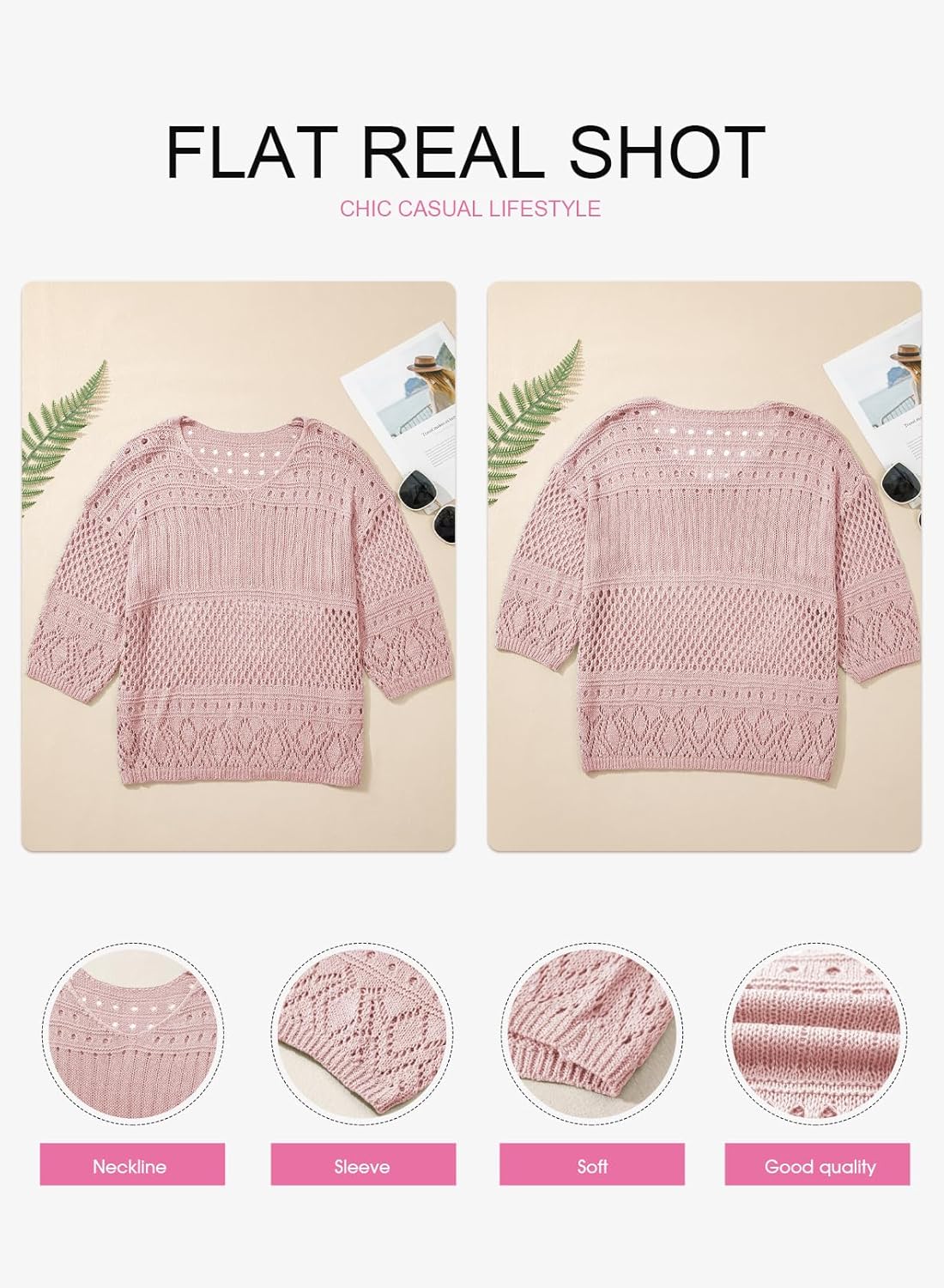 EVALESS Womens Lightweight Sweaters Crochet Hollow Out Knit Tops 3/4 Sleeve Beach Vacation Clothes for Women Trendy 2026 - Image 7