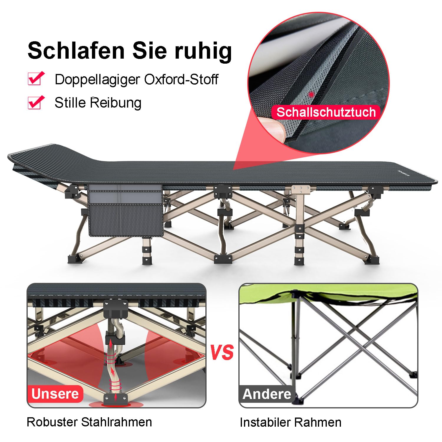 ATORPOK SHOP Campingbett feldbett klappbar, Faltbar Gästebett bis 200 kg für, Extra Breit Faltbar Klappbett Feldbett Campingbett für Outdoor Garten Innen
