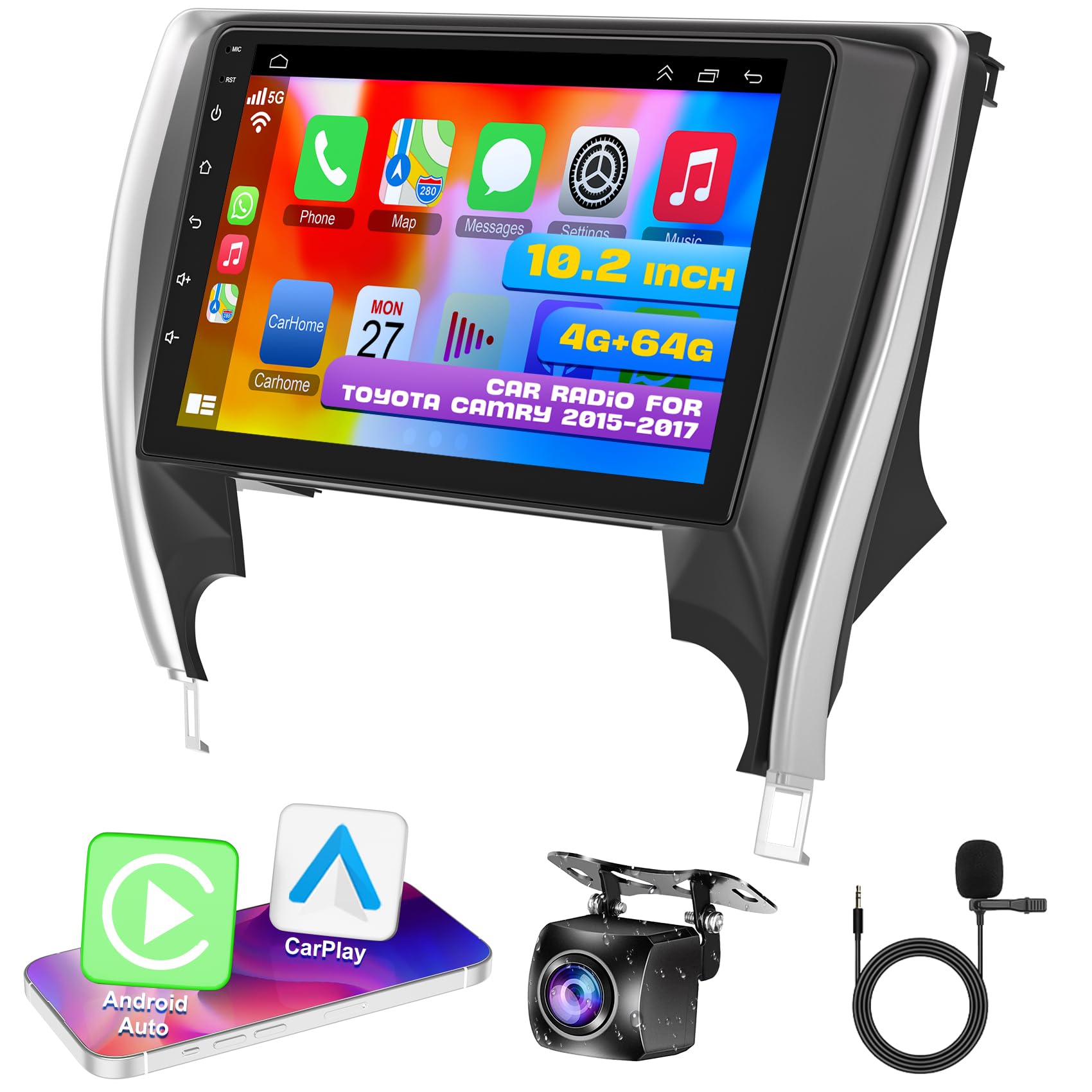 10.2 Inch Android 12 Car Stereo for Toyota Camry 2015-2017, Wireless CarPlay & Android Auto, Bluetooth 5.2, GPS, WiFi, Backup Camera, Split Screen