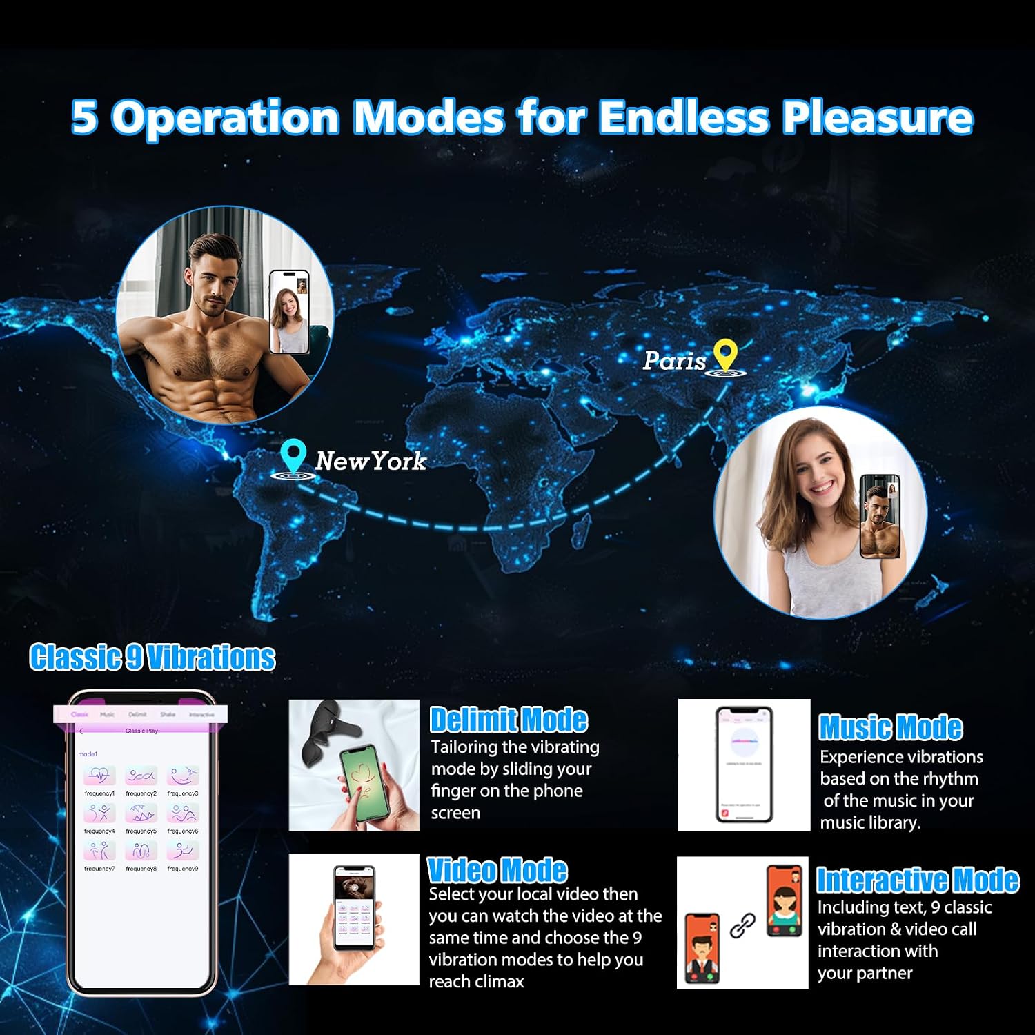 Screenshot of a smartphone app interface showing 5 operation modes: Classic 9 Vibrations, Delimit Mode, Music Mode, Video Mode, and Interactive Mode.