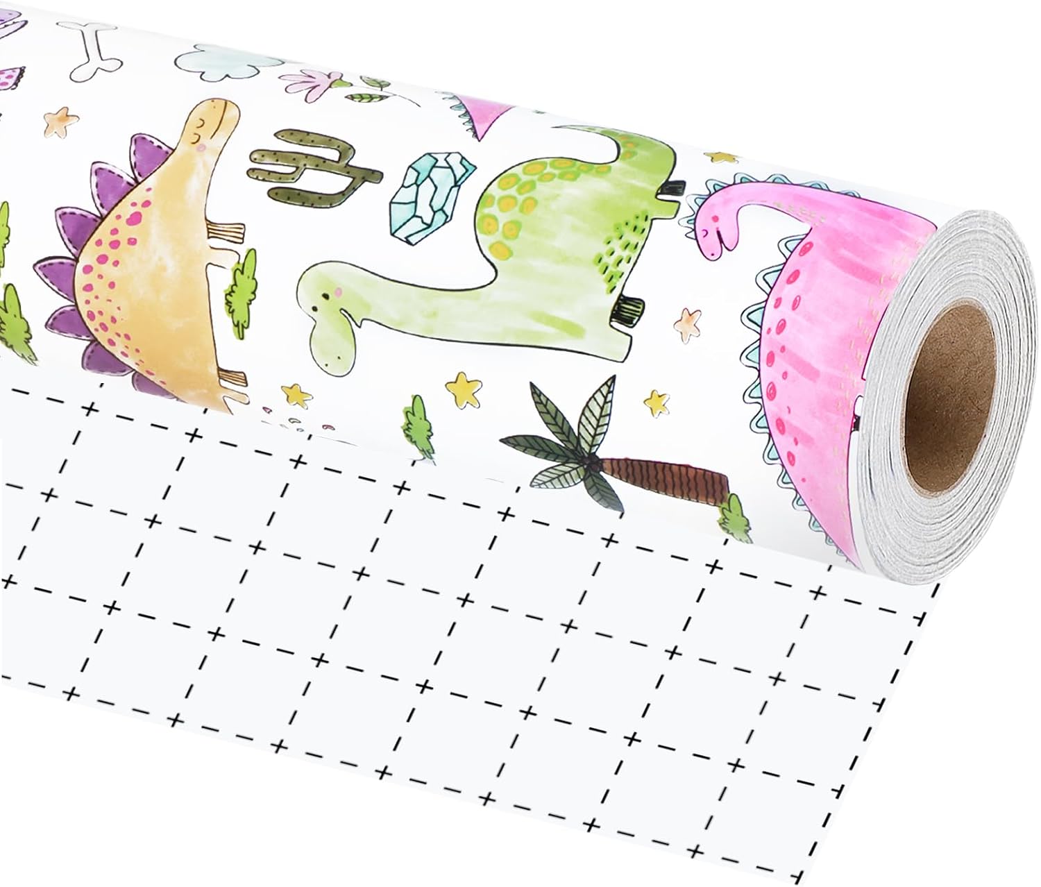 BIOBROWN Dinosaur Wrapping Paper Roll - 17 Inches X 33 Feet - Colorful Hand-drawn Dinosaurs Design Gift Wrap Paper for Boys, Girls, Birthday, Baby Shower, Dino Party