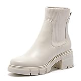 REDTOP Women's Elastic Chelsea Boots Chunky Block Heel Platform Lug Sole Ankle Booties 8.5 Cream