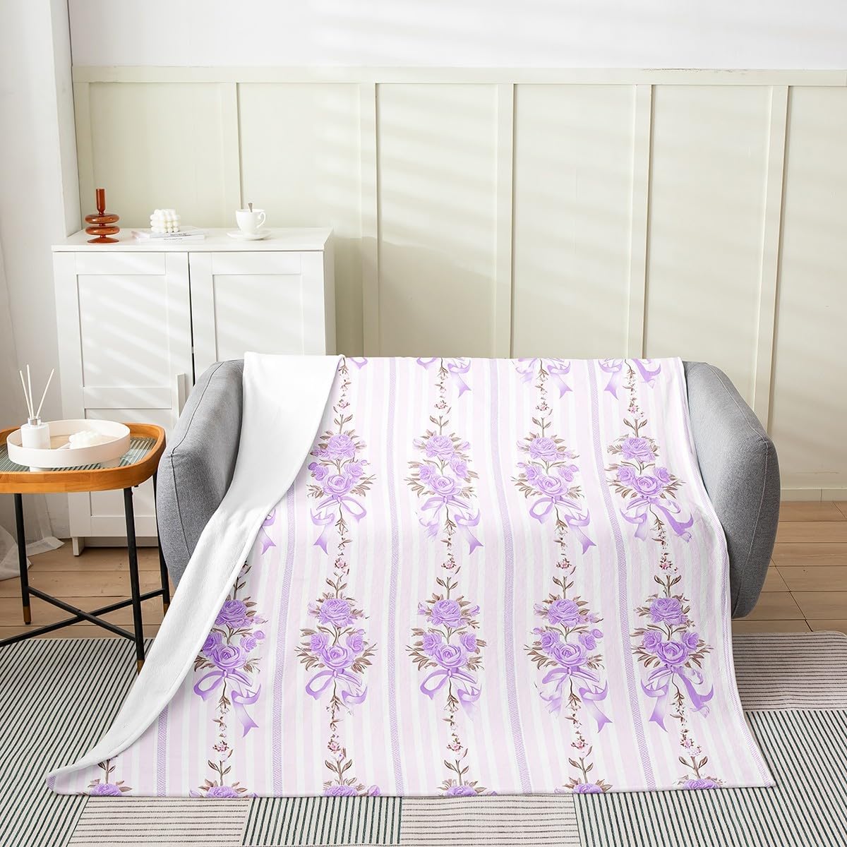 Dreamy Girly Bow Flannel Blanket Queen 90"x90" Warm Lightweight,Modern Geometry Lines Art Flannel Sherpa Blanket,Girls Princess Style Bedroom Decor Fuzzy Blanket Breathable Flannel Plush Blanket