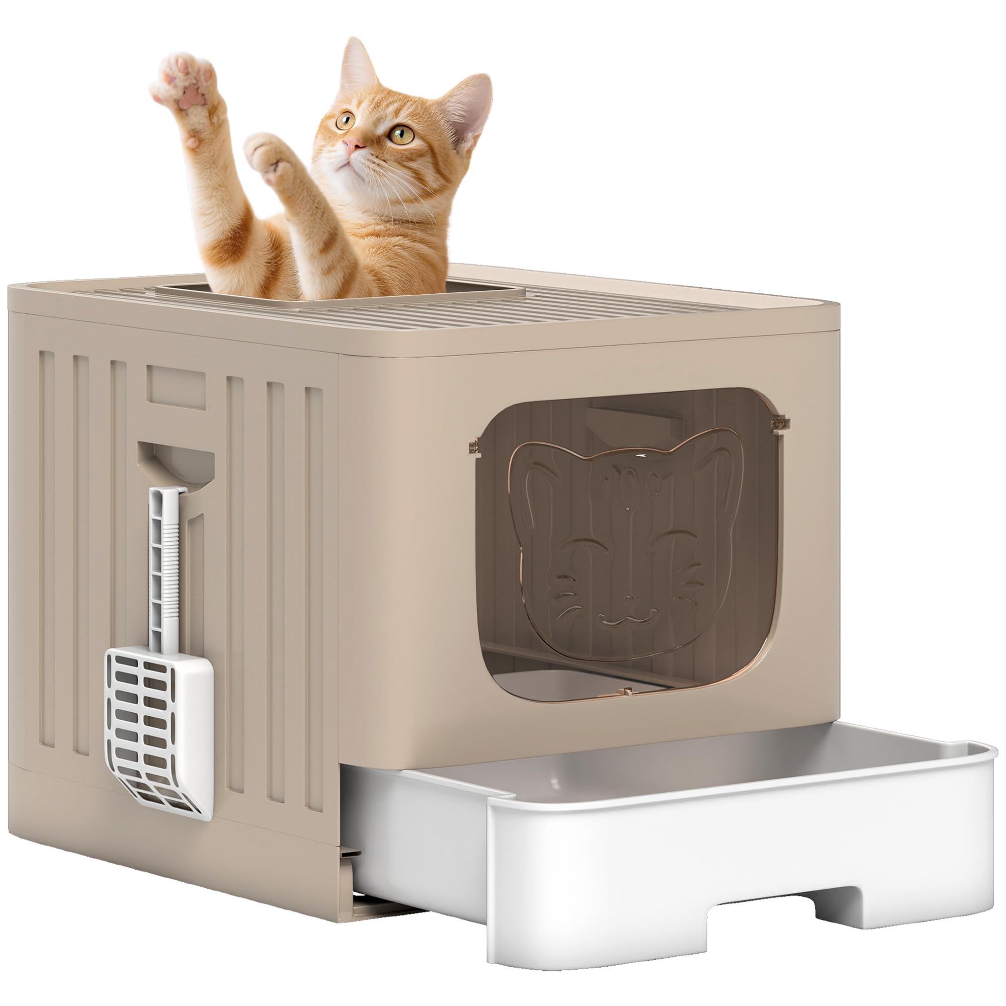 PawHut Cat Litter Tray, Cat Litter Box with Lid, Slide-Out Drawer Tray, Scoop, Easy Clean, Odour Control, Anti-Splashing, Khaki
