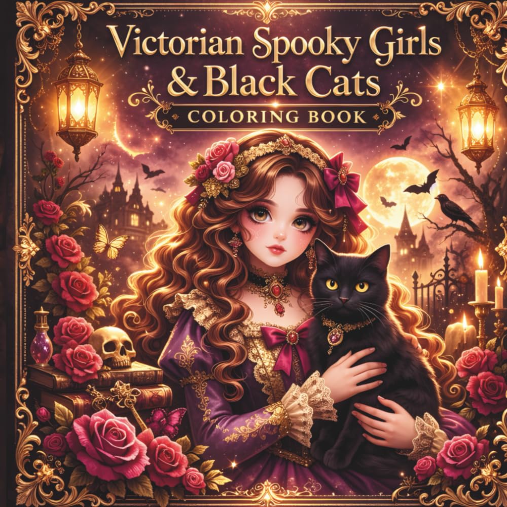 Victorian Spooky Girls & Black Cats Coloring Book: Intricate Gothic Coloring Pages for Adults Featuring Elegant Victorian Girls and Mysterious Black Cats