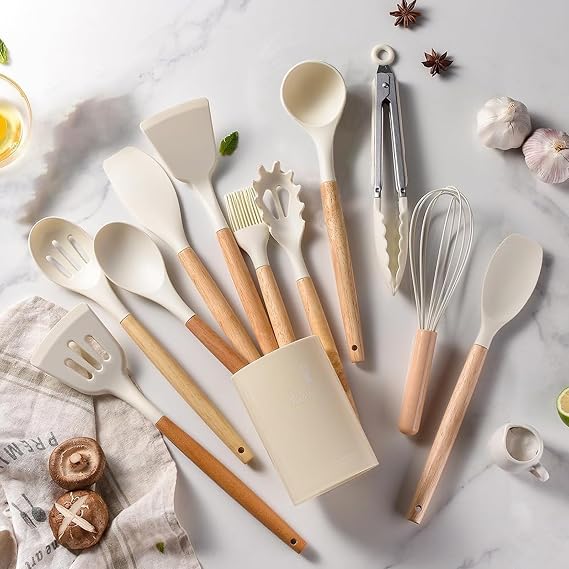 Kitchen Utensil Set, 12 PCS Silicone Cooking Utensils Set with Wooden Handle, Heat Resistant, Nonstick Cookware Tongs Spatula Spoon Set, Dishwasher Safe, Best Kitchen Tools (Cream)