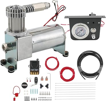 On Board Air Compressor System Replacement For Trucks Vans Car | includes Air Spring Compressor, Gauge, Wiring harness, Line and Hardware Kit