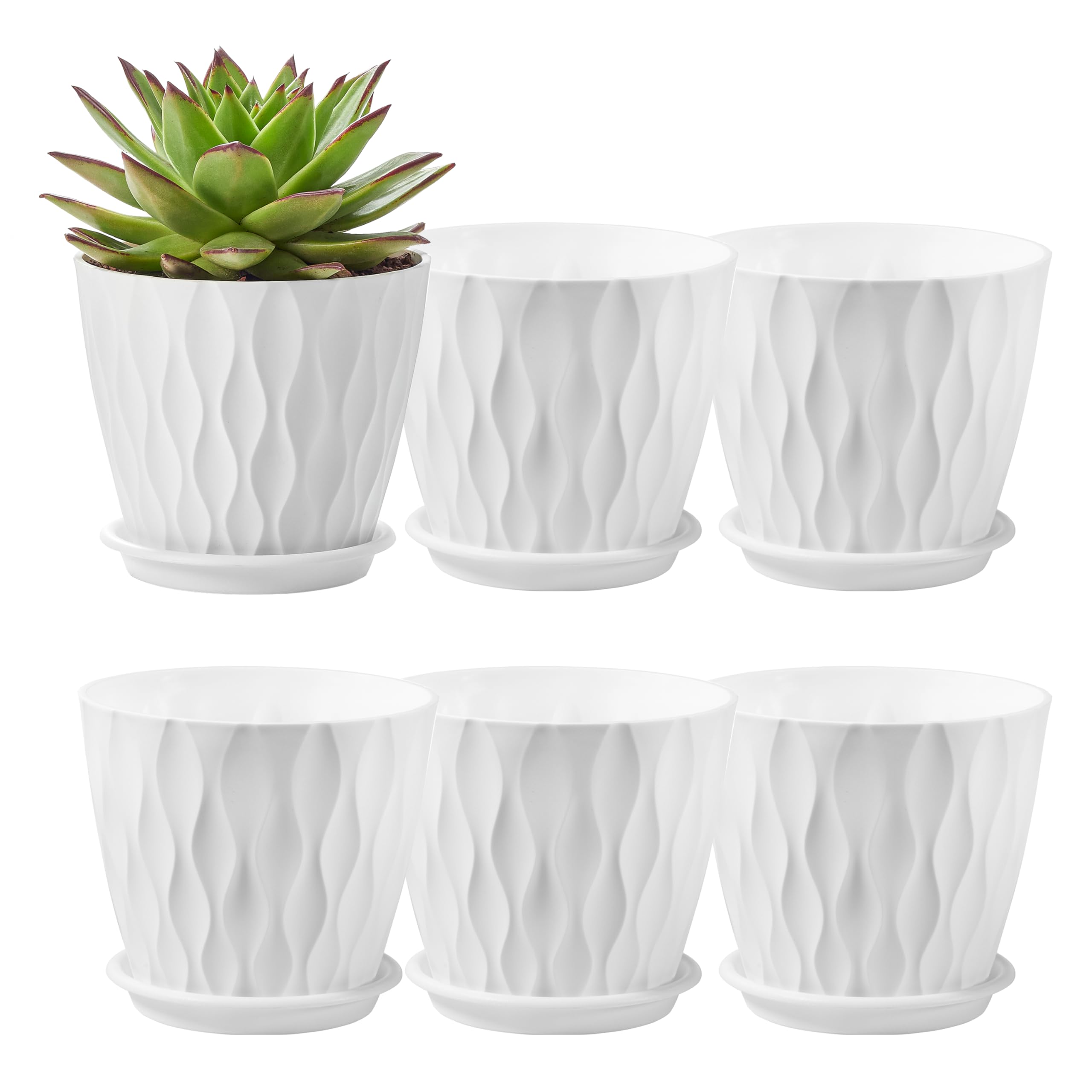 FaithLand 6-Pack 6-Inch Plastic Plant Pots with Saucers | Thickened PP Material, Modern Wave Texture, Enhanced Drainage for Indoor/Outdoor Garden