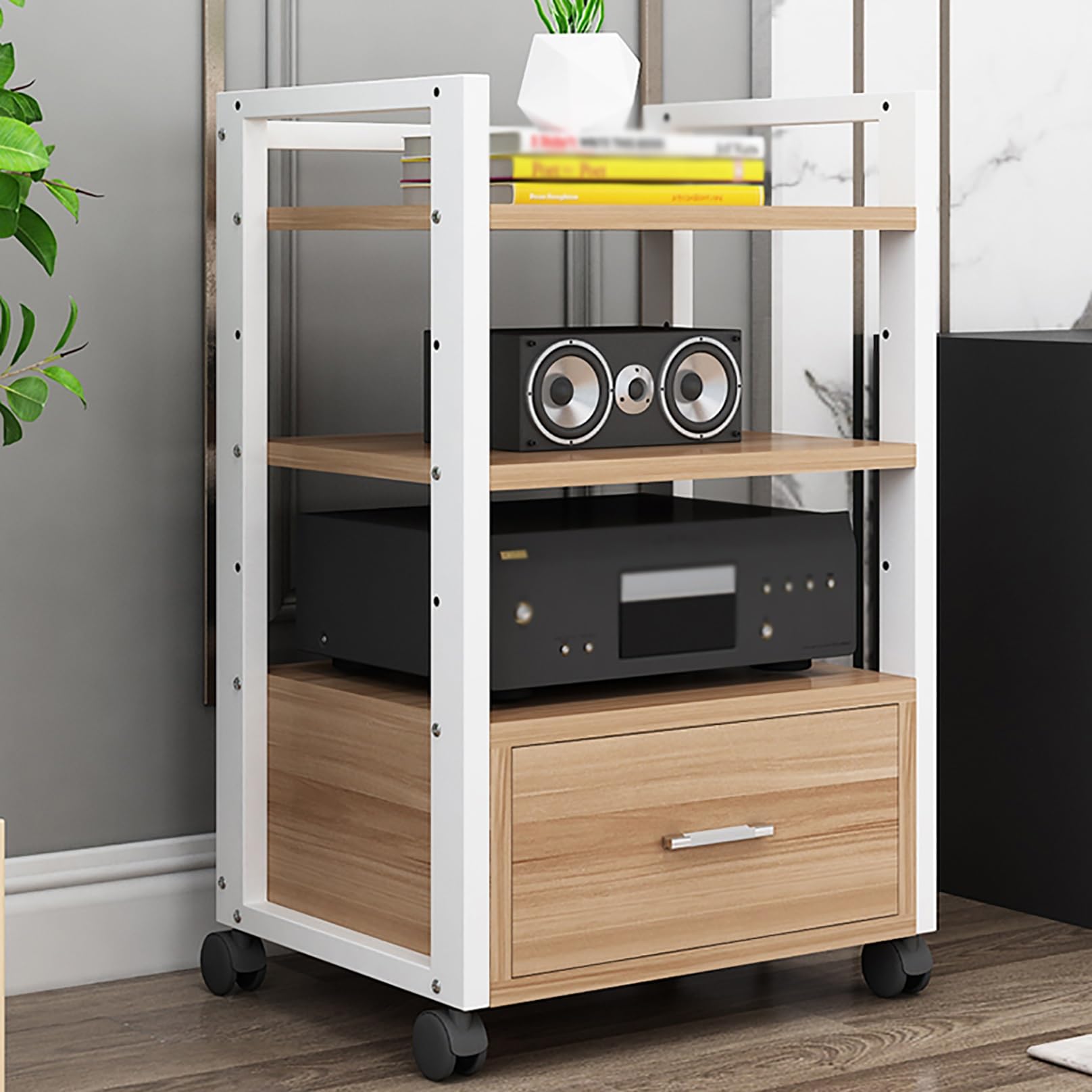 Stojak na media AV, konsola medialna z szufladą, narożny stojak pod telewizor, stojak stereo i stojak z półkami do przechowywania, szafka multimedialna audio, idealna do akcesoriów TV (czarny