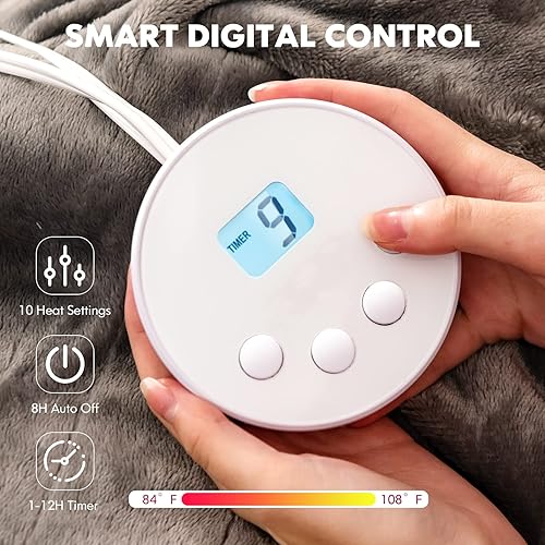 Miniatura 5 de Onnertune - Manta eléctrica tamaño Queen 84 x 90 pulgadas manta térmica de franela de doble control 10 niveles de calefacción apagado automático de