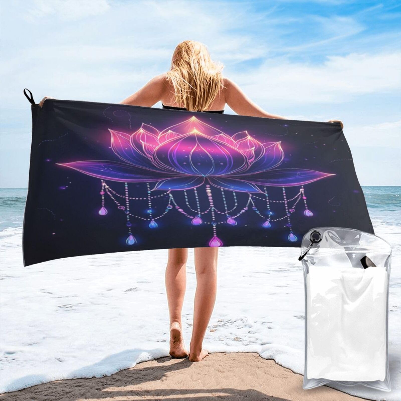 Anceky Neon Lotus with Dangling Beads Illustration Quick Dry Microfiber Travel Towel with Carry Case and Carabiner 31.5"X63"