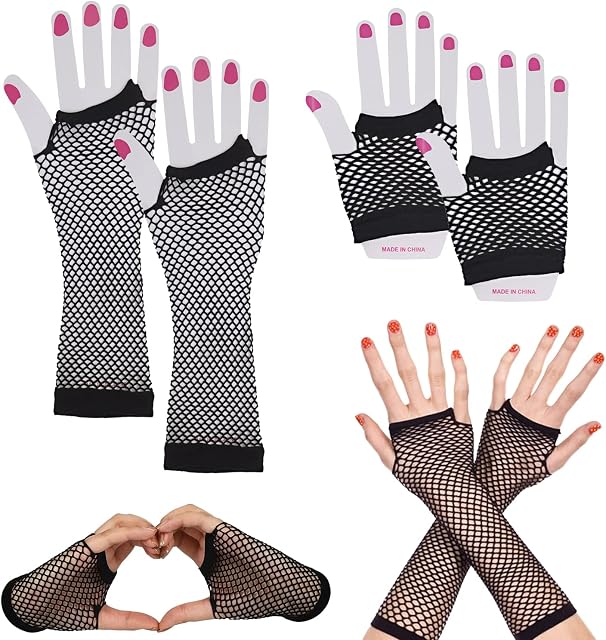 DBOO Fishnet Gloves 2 Pairs Long & Short Fingerless Fishnet Gloves Net Mesh Gloves Stretchy Mesh Retro Gloves 0s Fancy Dress Costume Party Supplies
