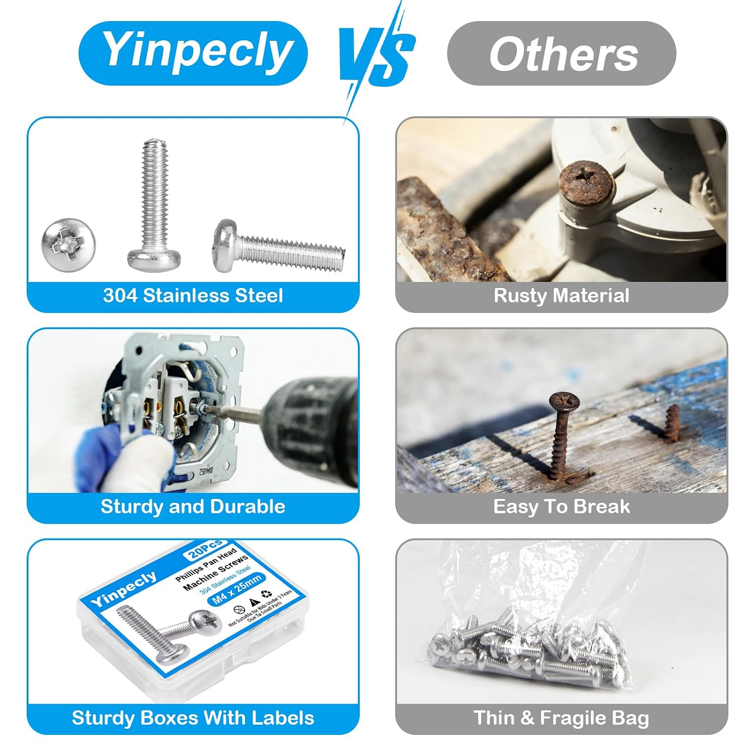 20 Pcs M4 x 50mm Pan Head Machine Screws 304 Stainless Steel