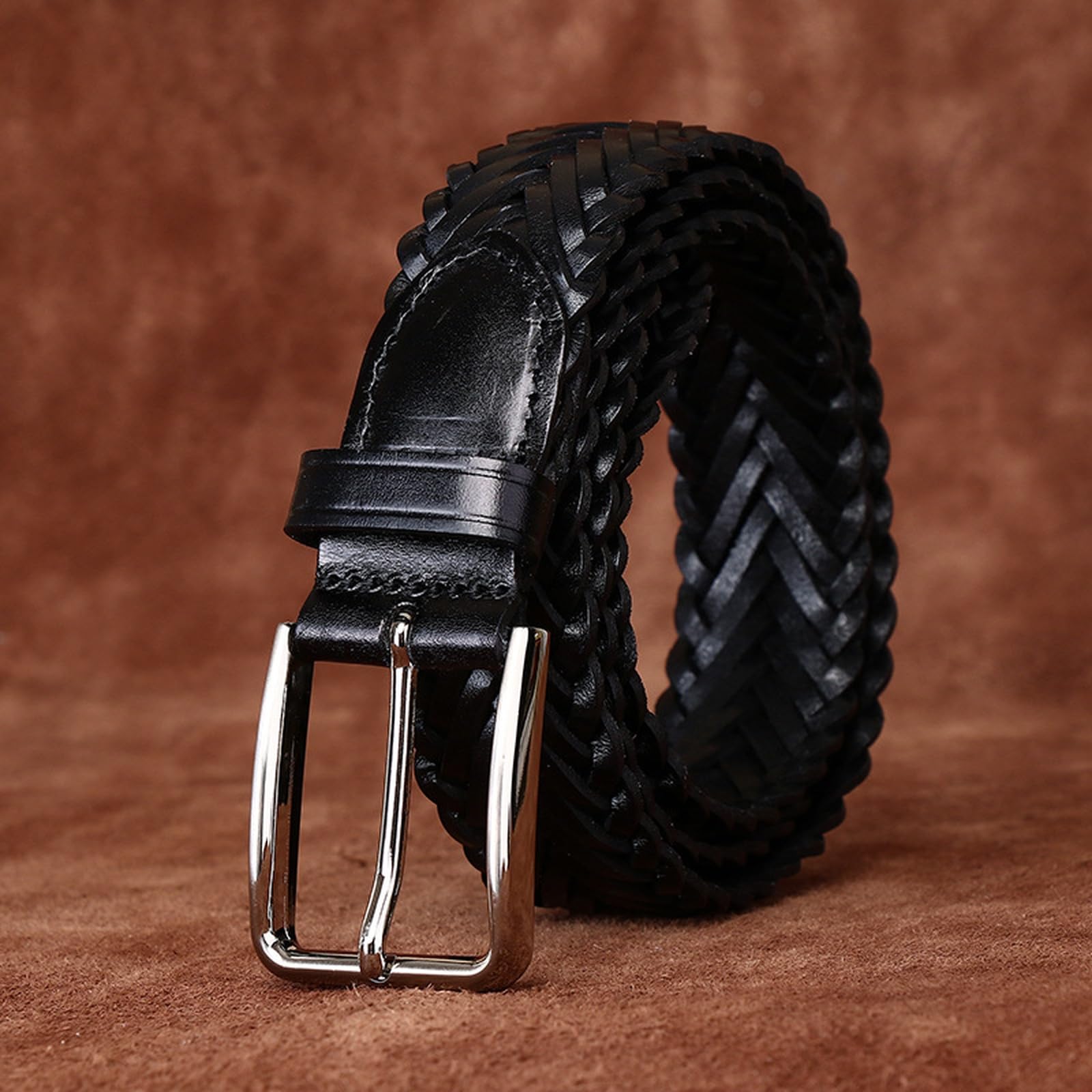 Genérico Mujer Cinturón Trenzado De Piel De Vaca para Jeans, Pantalones Y Vestidos 3,3cm De Ancho Correa Tejida a Mano Cinturones con Hebilla Plateada(115cm/45, Black)
