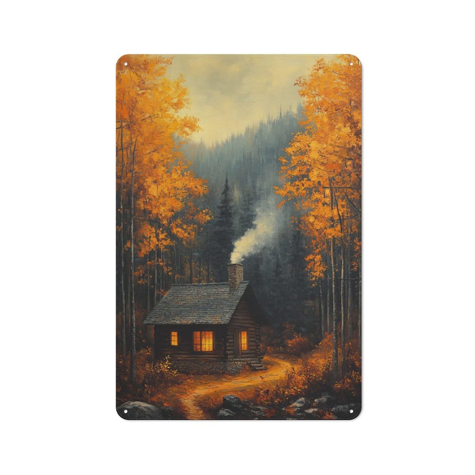 Junmoney Style-11 Rustic Metal Sign 30X20cm Featuring Cozy Cabin In Autumn Woods For Hallway Wall, A Decorative Gift For A Newly Furnished Hallway