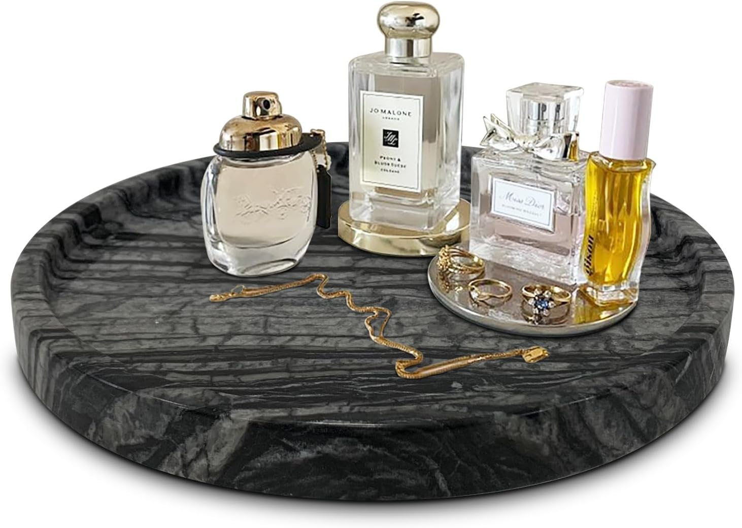 Travertine Tray, Small Ceramic Vanity Tray for Bathroom Counter Decor, Round Marble Decorative Trays for Coffee Table (Beige, Medium Size)