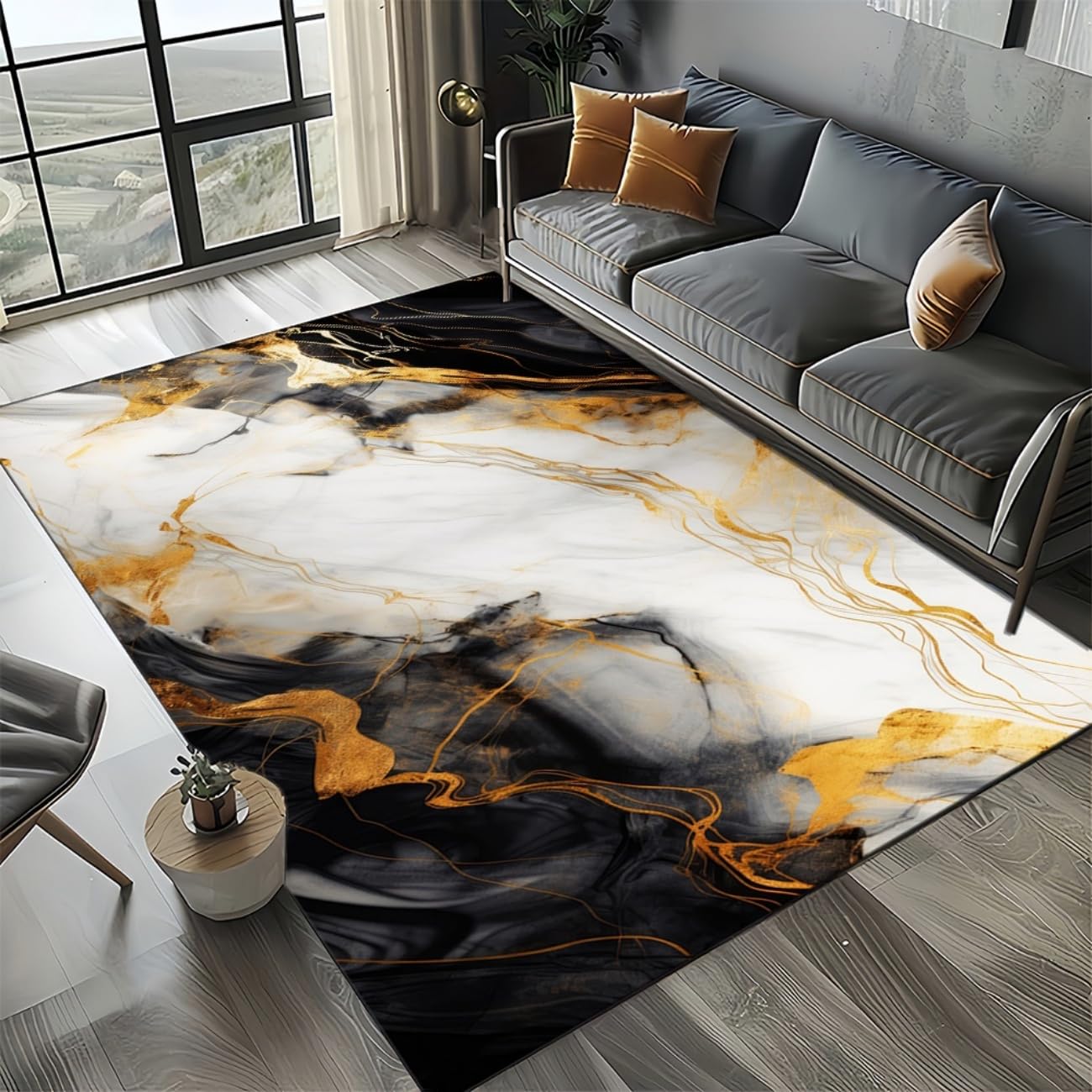 Tapis de salon moderne en marbre noir gris et or 100x200 cm pour chambre et bureau