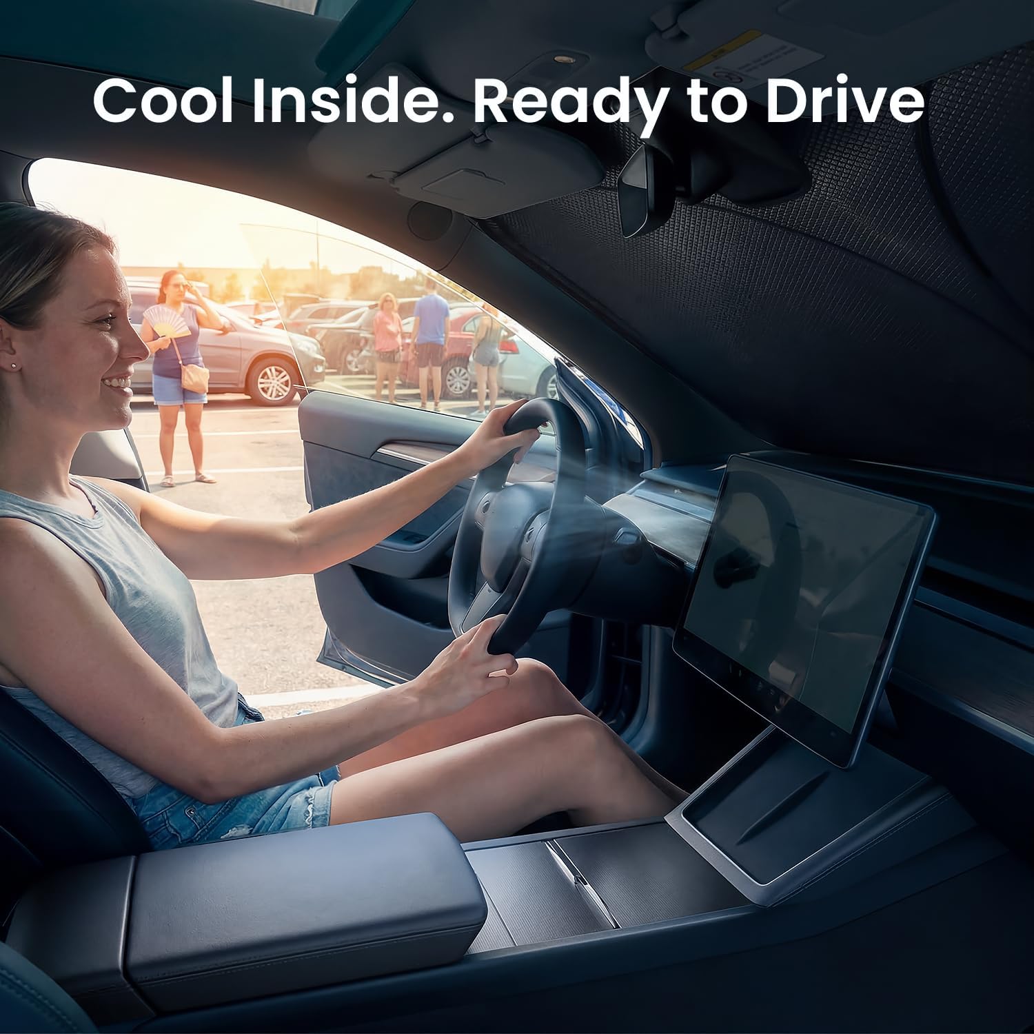 REEVAA 2026 3rd Pro Windshield Sun Shade for 2019-2026 Tesla Model Y (Juniper) | Dual-Layer Heat & Sun Defense, OEM Design | Foldable Sunshade Car Accessories with Storage Bag