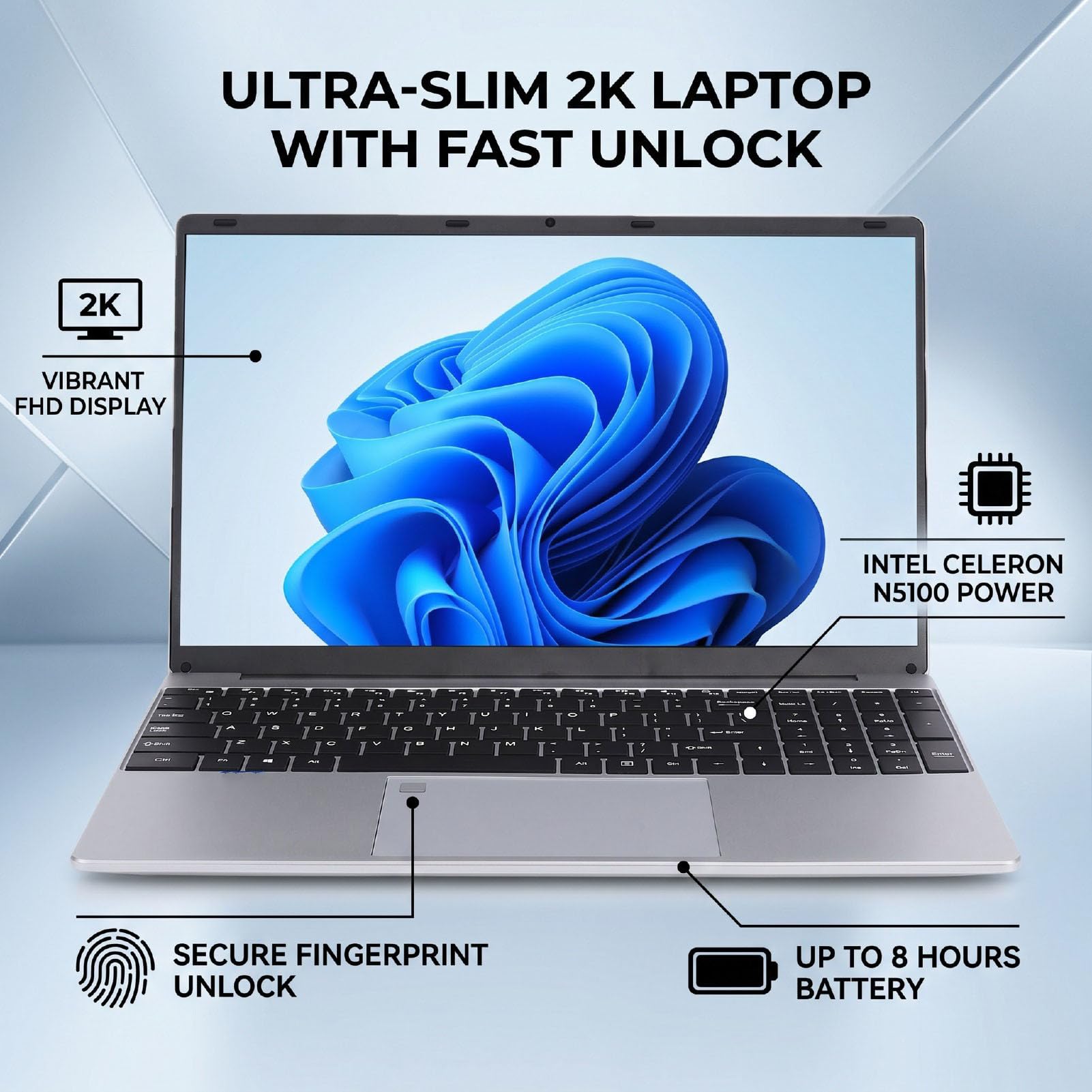 Laptop 15,6 Cala, Ultracienki Notebook 2K FHD z 8 GB Pamięci DDR4 256 GB SSD Klawiatura Numeryczna Odblokowywanie za pomocą Linii Papilarnych, do Pracy, Nauki i Rozrywki (wtyczka UE)