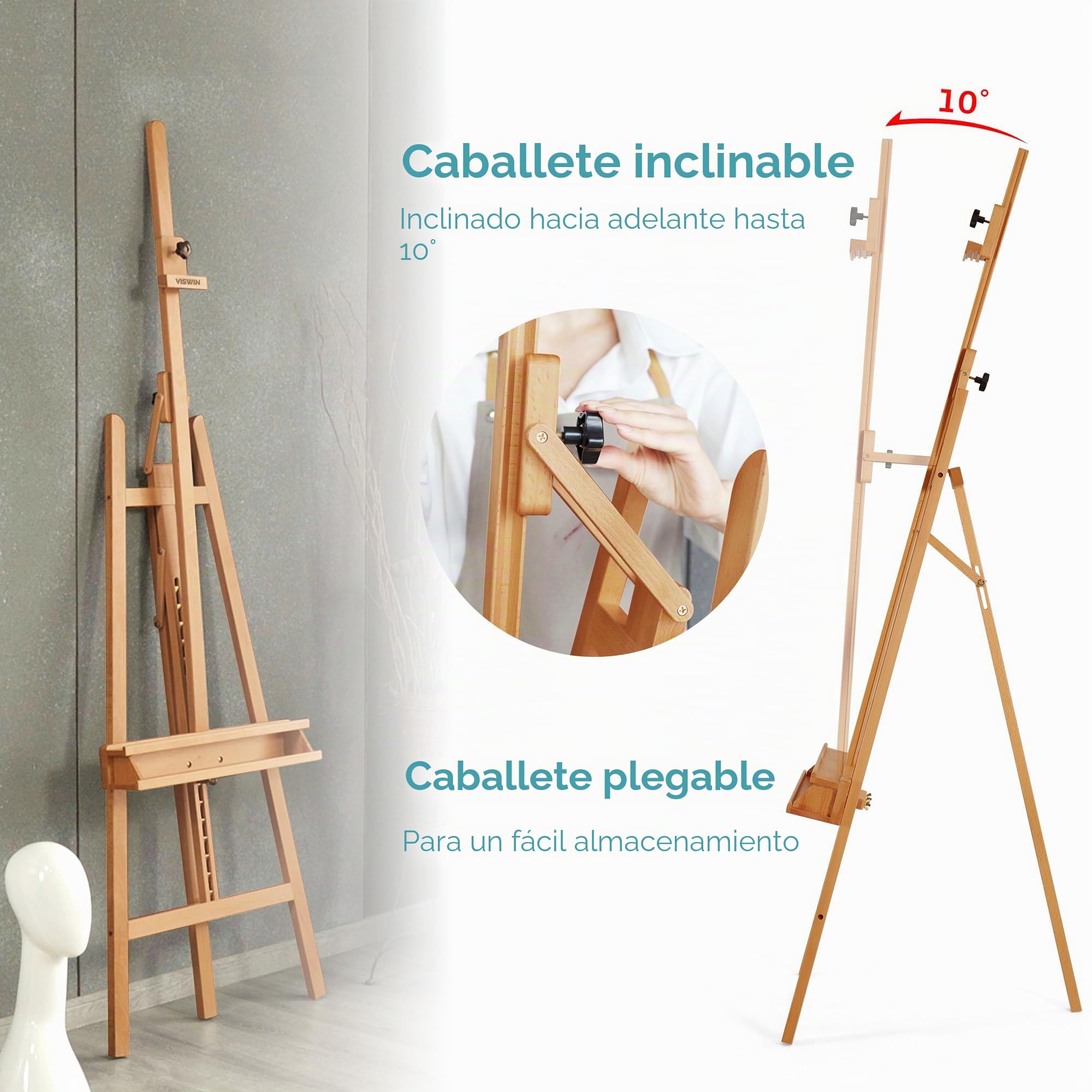 VISWIN Caballete inclinable con marco en A para pintar y exhibir, ajustable de 65 a 89 pulgadas de alto, soporta lienzo de hasta 49 pulgadas, soporte de caballete de madera de haya con bandeja de