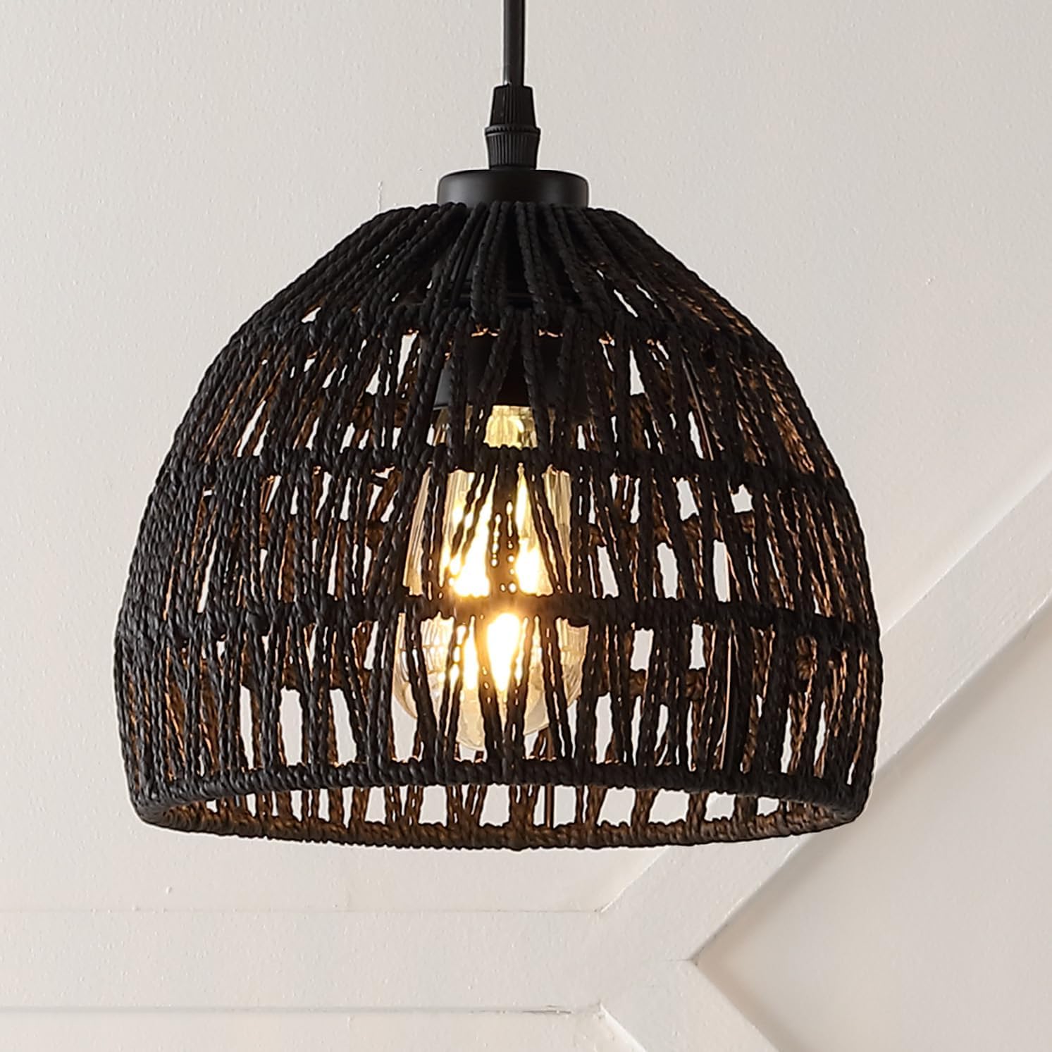 JONATHAN Y 8.25" Black Modern Bohemian Woven Rope LED Pendant Light Fixture, Adjustable Dome Ceiling Lamp for Kitchen Island, Rope Shade, Coastal Farmhouse Decor (JYL6512B)