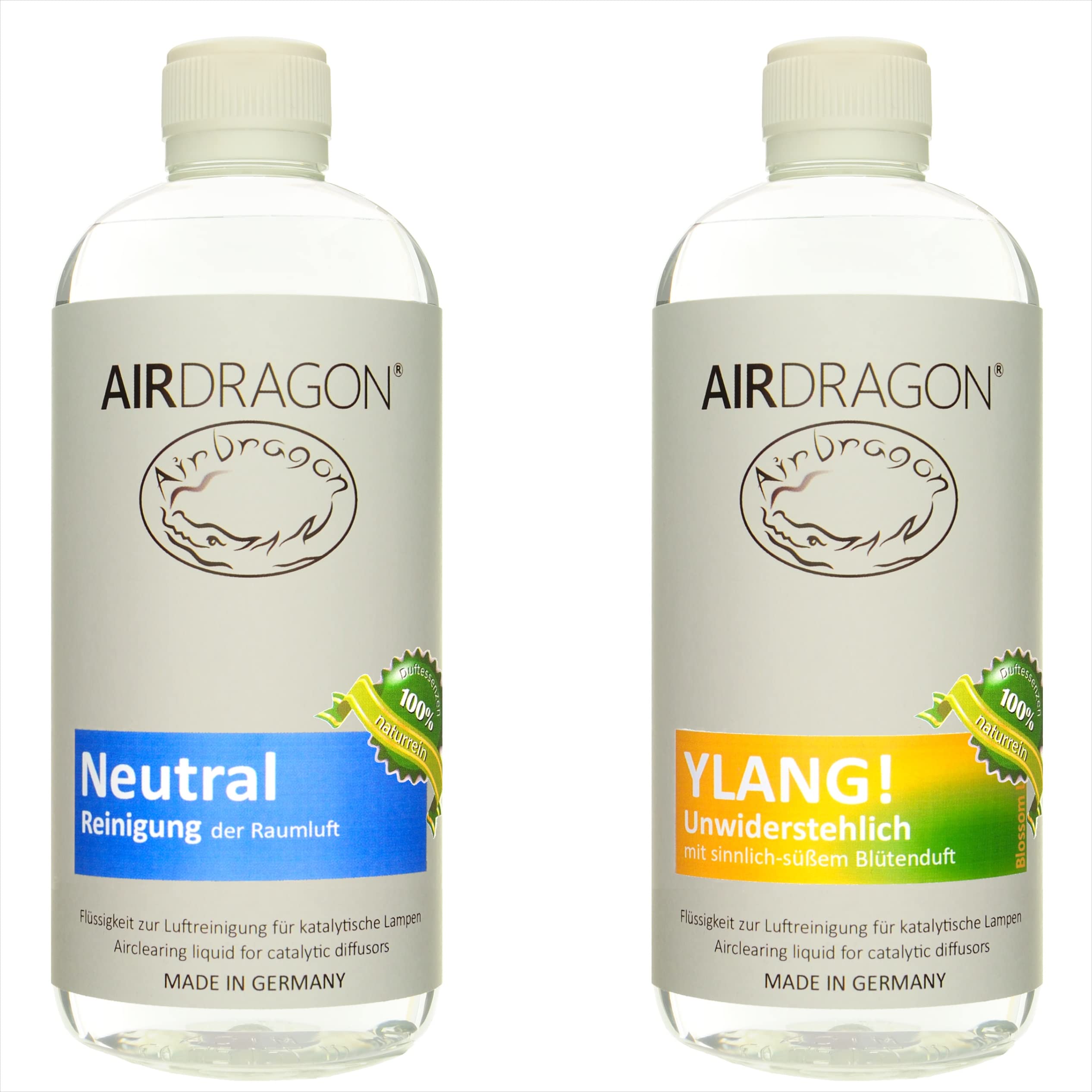 AIRDRAGON® Zestaw zapachowy • NEUTRAL + YLANG! • 2 x 1 litr • Do każdej lampy katalitycznej • bez sztucznych substancji zapachowych • Premium naturalny zapach do pomieszczeń