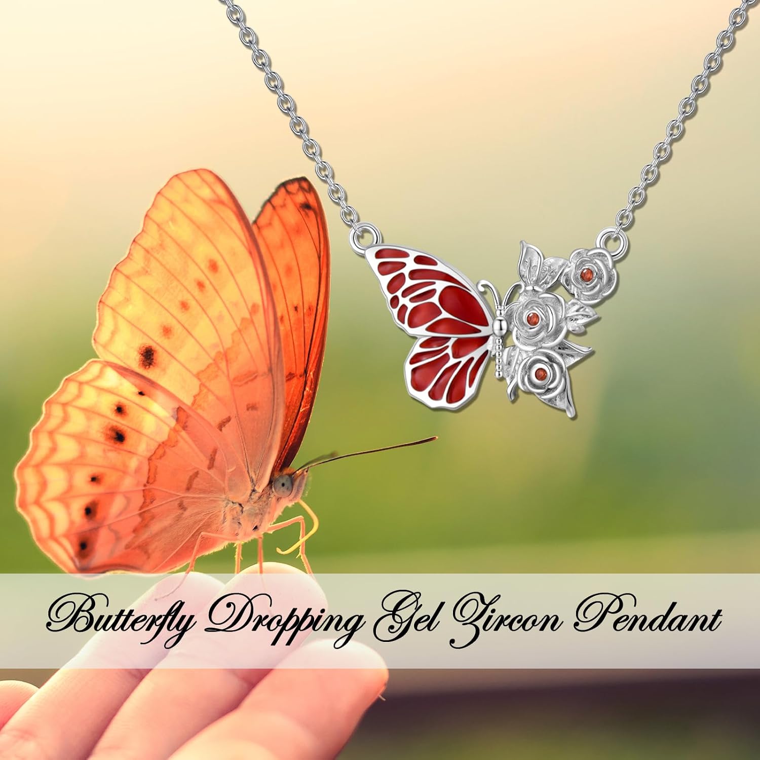 Butterfly Necklaces for Women 925 Sterling Silver Pendant Necklace with Red Butterfly and Rose 18"-20"