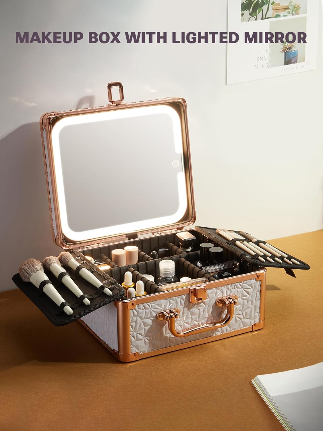 Qislee Makeup Box with A Detachable Lighted Mirror, Waterproof Travel Train Case, Cosmetic Organizer and Makeup Suitcase with Adjustable Dividers, Magnetic LED Mirror(Bright White)