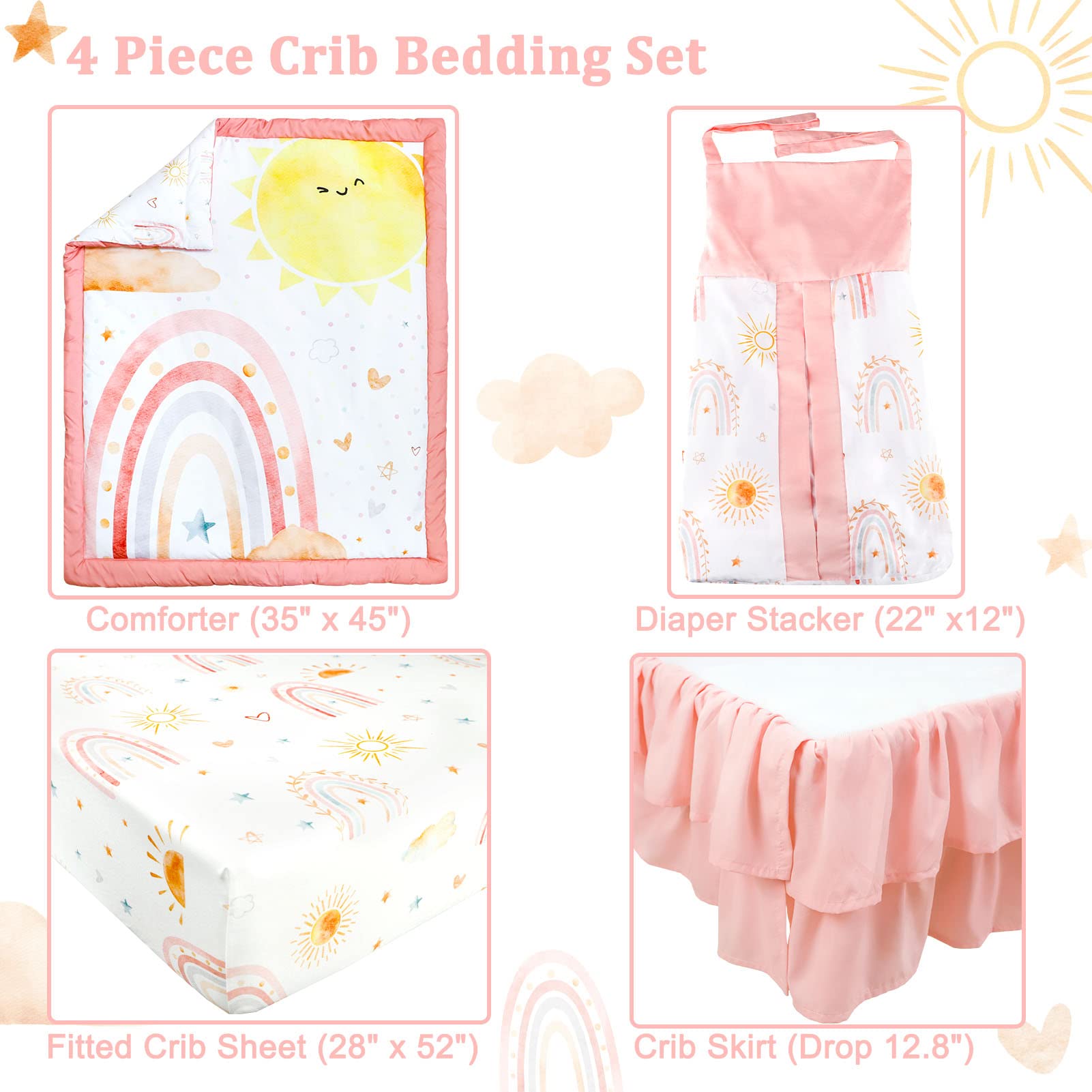 Juego de ropa de cama de cuna de 4 piezas para niñas, incluye edredón, sábana bajera ajustable, falda de cuna y apilador de pañales, arcoíris rosa