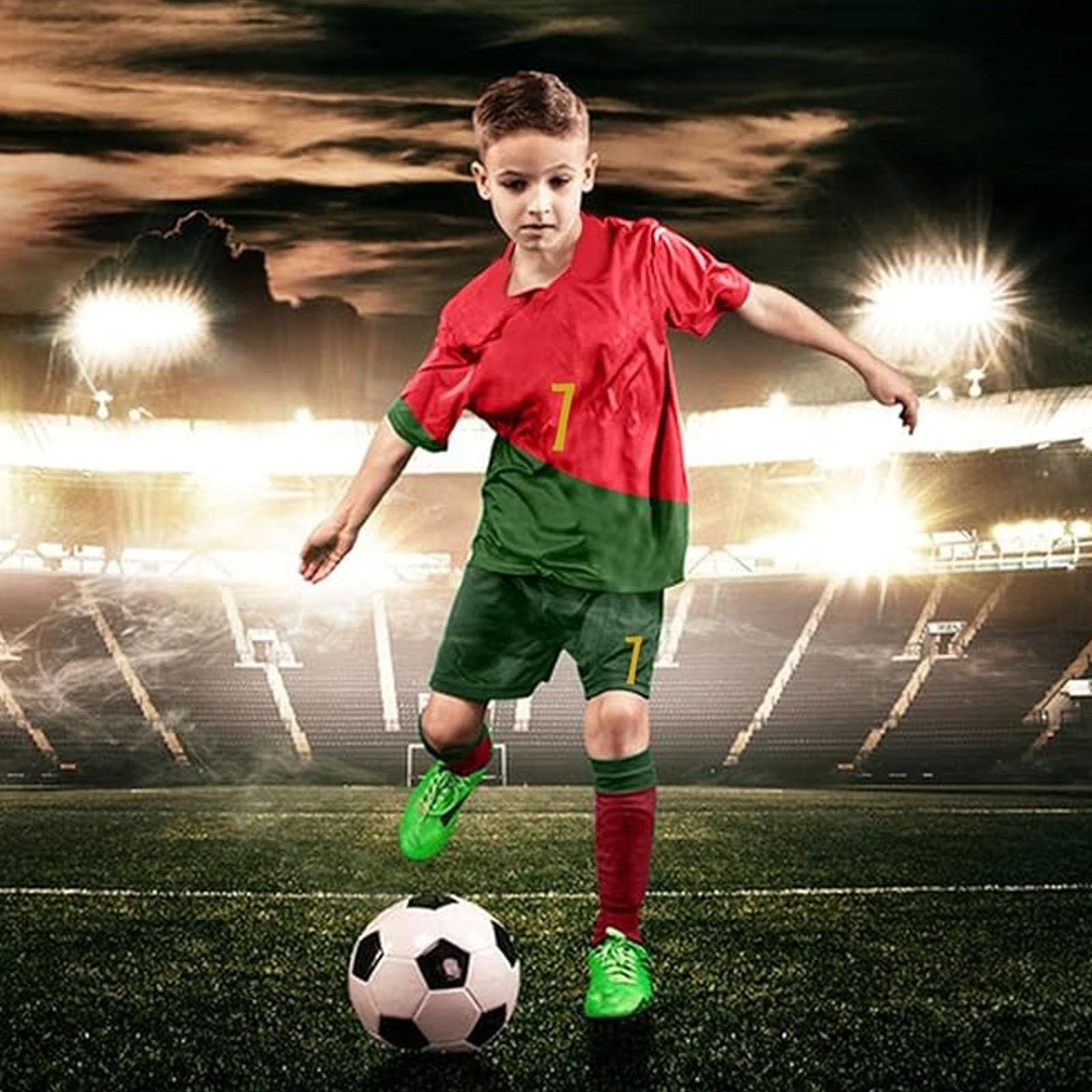 Ronronner Conjunto de fútbol para niños, con camiseta, pantalones cortos y calcetines, camiseta roja de jersey de manga corta con el nro. 7, para adultos y niños