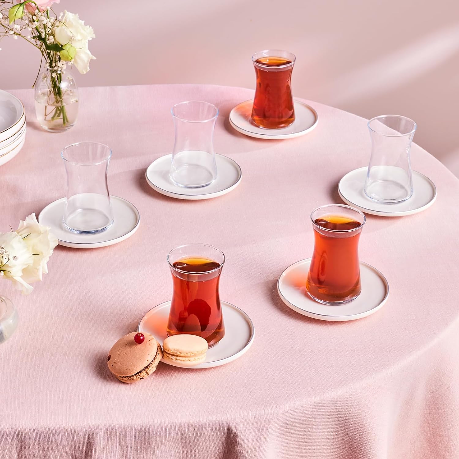 Karaca Streamline Saturn 12-Piece Turkish Tea Cups for 6 People, 5.75 fl oz Turkish Tea Glasses Set, Durable Glass with Platin Detailing & White Color Saucers