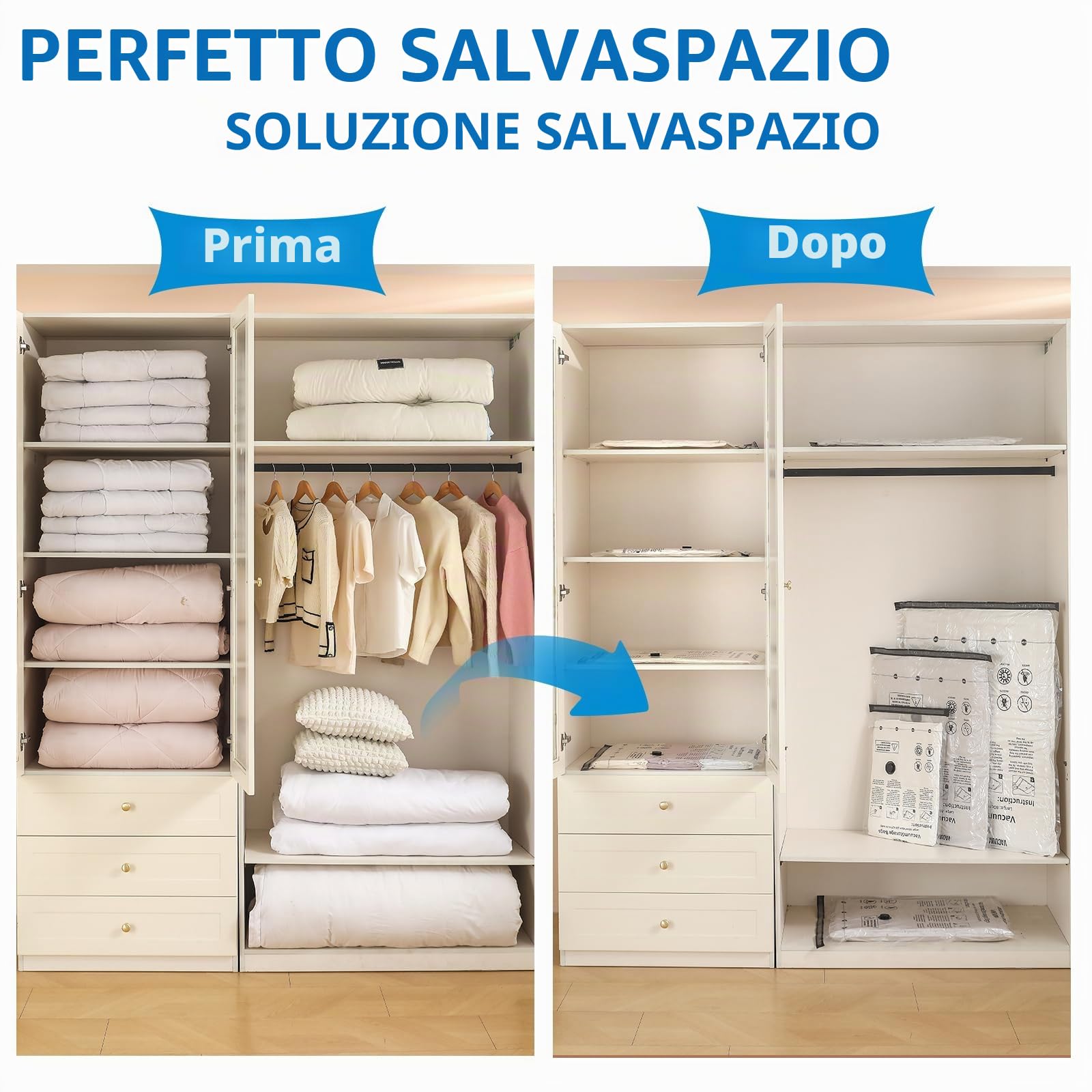 Sacchetti Sottovuoto Vestiti con Pompa Elettrica, 10 Pezzi Buste Sottovuoto Vestiti (2 Jumbo, 2 Grandi, 3 Medi, 3 Piccoli), Sacchi Sottovuoto Piumoni per Coperte, Piumini, Cuscini, Maglioni