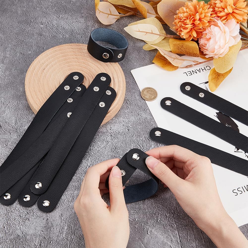OLYCRAFT 12pcs 8.7x1 Inch 2 Snap Genuine Leather Bracelets Adjustable Leather Bracelets Genuine Leather Snap Bracelet Blank Leather Cuff Bracelet Leather Wristband for DIY Craft Wristband
