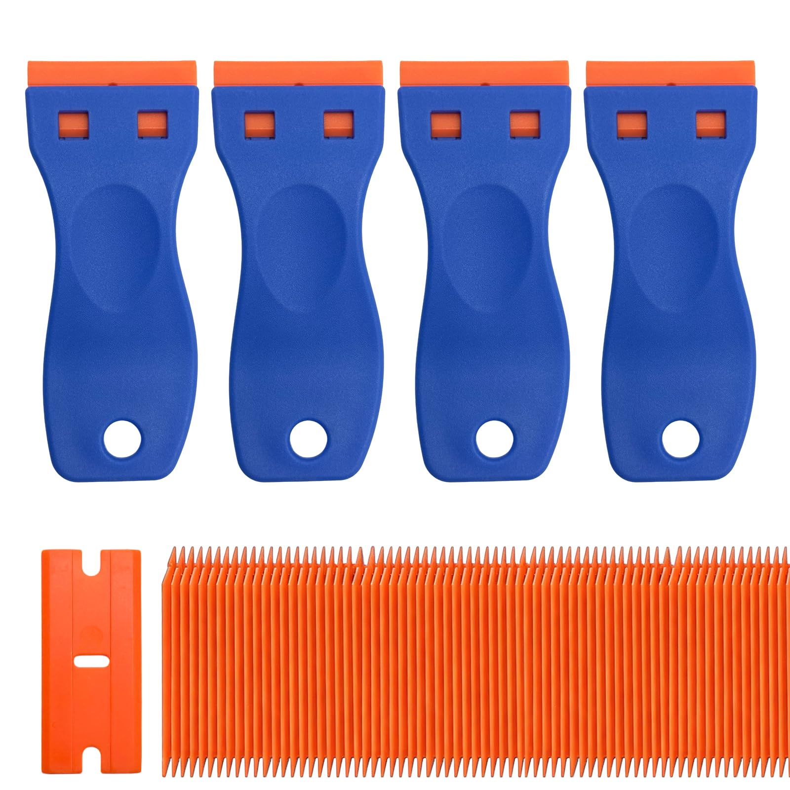 GYIOFAI 4 Pcs Plastic Scraper with 100 Plastic Blades, Multi-Purpose Glass Scraper, Plastic Scraper Non-Scratch Scraper Tool Kits for Removing Stickers Labels Decals Caulk Paint Residu (Blue, Orange)