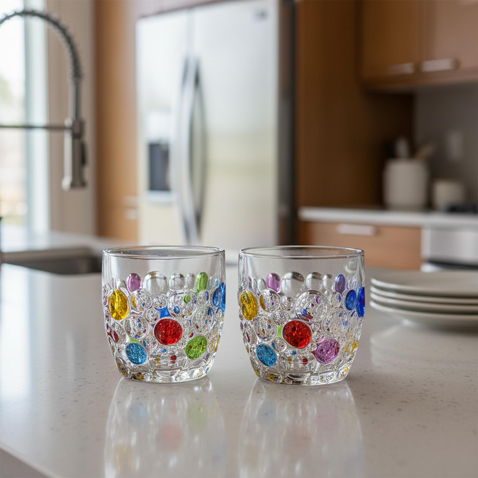 Set mit 6 handgefertigten farbigen Perlen-Gläsern, 325 ml, moderne Hobnail-Trinkgläser, für Wasser, Bier, Saft, Cocktail, Whiskey, Geschenk