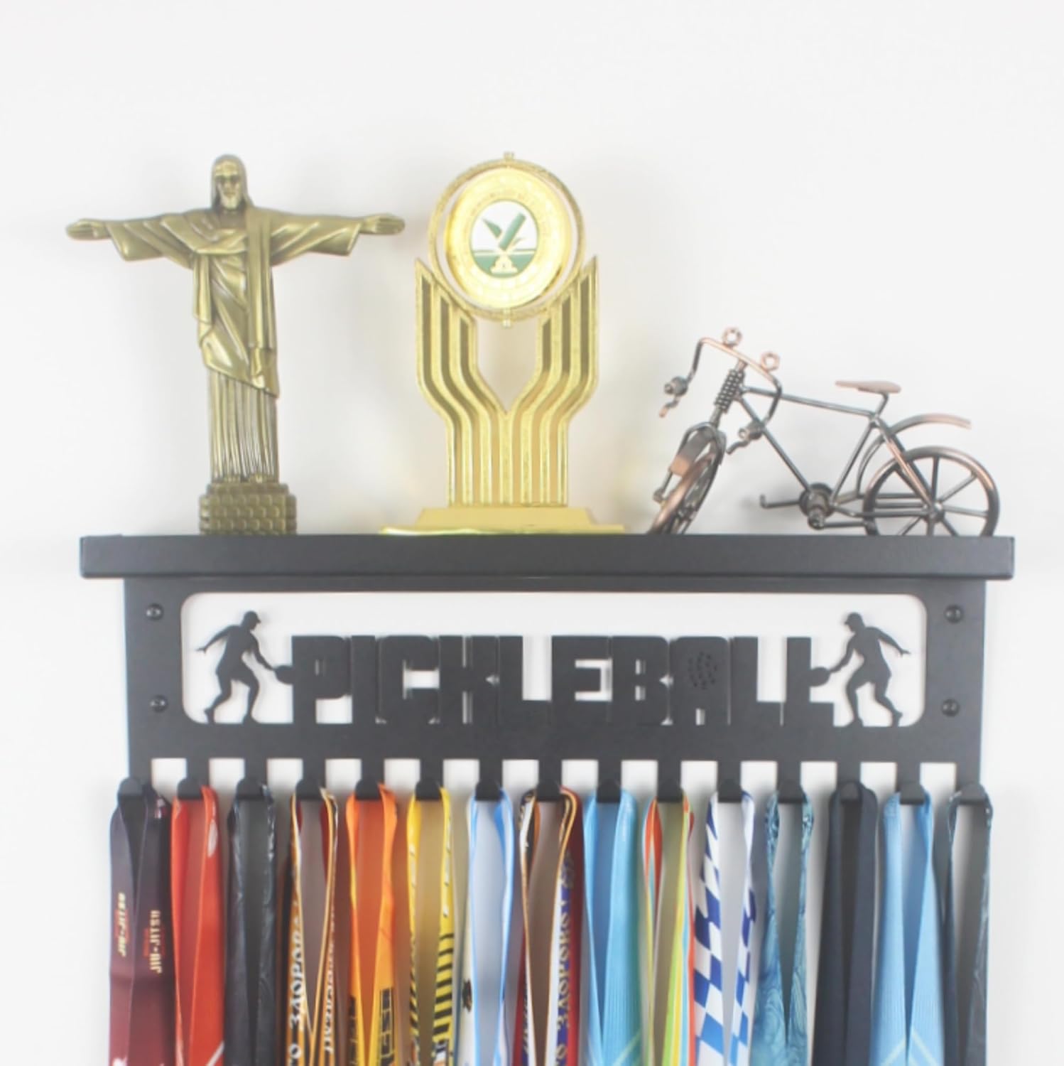 16" Premium Metal Wall Mount Golf Design Medal Hanger and Ribbon Display Holder Rack with 3" Trophy Shelf and Easy Hanging Hooks - Great Gift for Kids & Adults (Black)