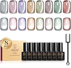 ROSALIND Semi-permanent Cat's Eye Polish, 8 Colours Crystal Jelly White Pink Violet Brown Green Transparent Semi-Permanent Nail Polish Magnetic UV/LED Mini Nail Polish Jelly Crystal Cat Eye