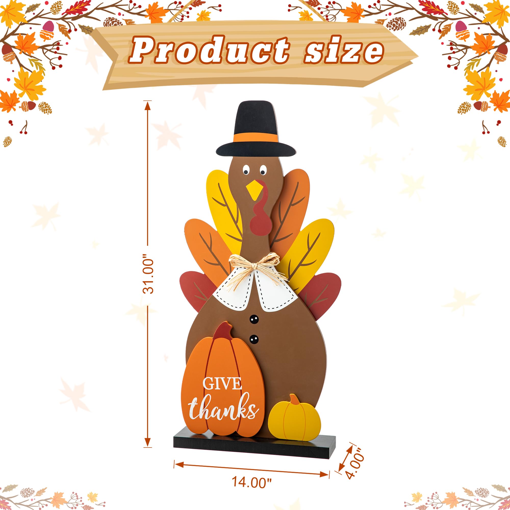 Glitzhome Decoración de porche de madera de Acción de Gracias de 31 pulgadas de alto con base de madera maciza, bonito pavo con sombrero negro, decoración de patio con calabaza para entrada al aire