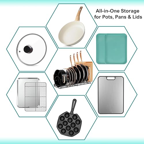 Miniatura 7 de Estante organizador expandible para ollas y sartenes  Solución de almacenamiento para gabinetes de cocina, soporte para ollas que ahorra espacio